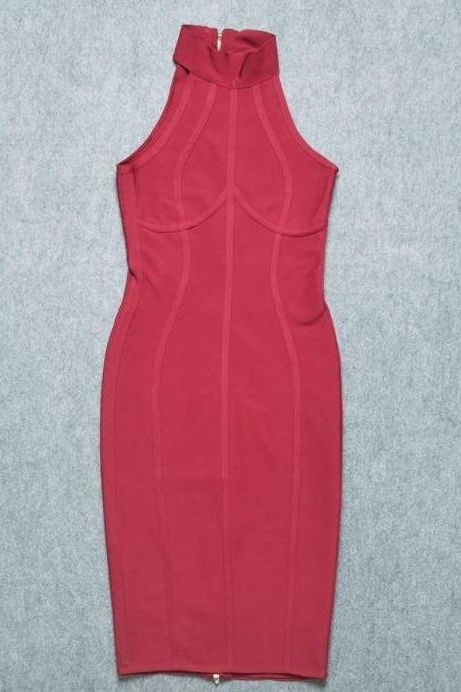 Woman wearing a figure flattering Lea Bandage Midi Dress - Red Wine Bodycon Collection