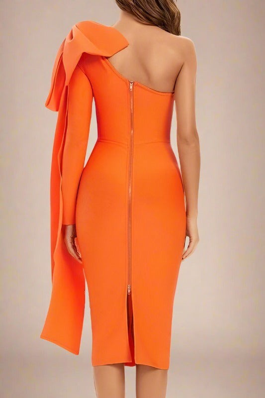 Woman wearing a figure flattering Lela Long Sleeve Bandage Midi Dress - Apricot Orange BODYCON COLLECTION