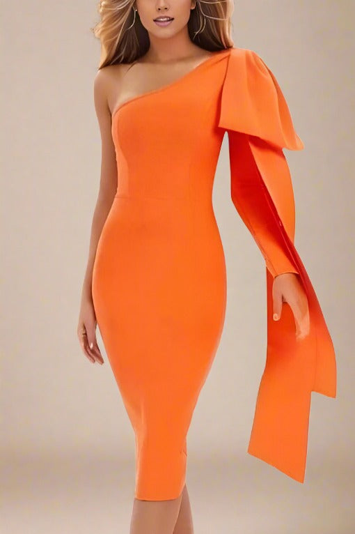 Woman wearing a figure flattering  Lela Long Sleeve Bandage Midi Dress - Apricot Orange BODYCON COLLECTION