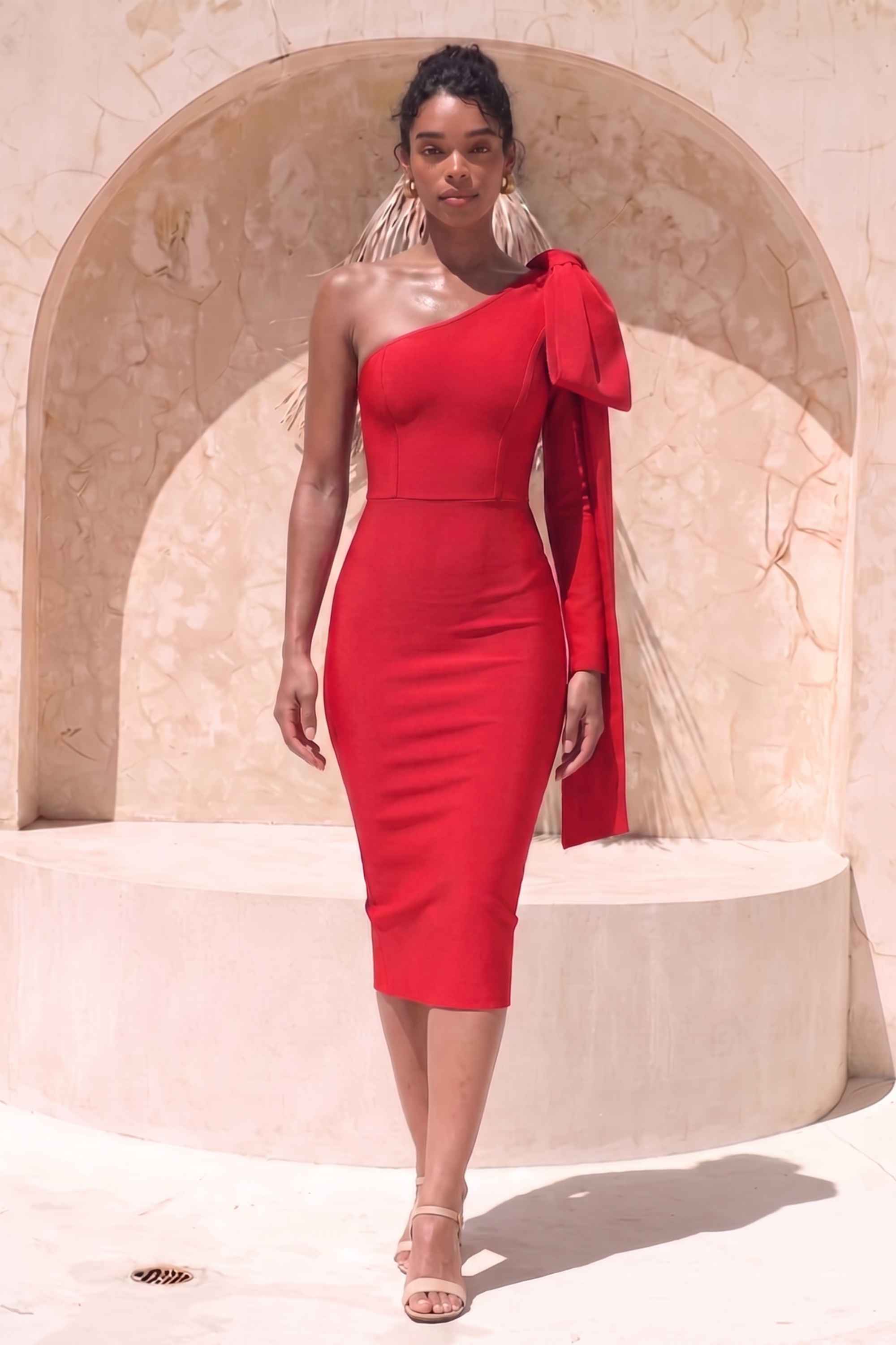 Woman wearing a figure flattering Lela Long Sleeve Bandage Midi Dress - Lipstick Red BODYCON COLLECTION