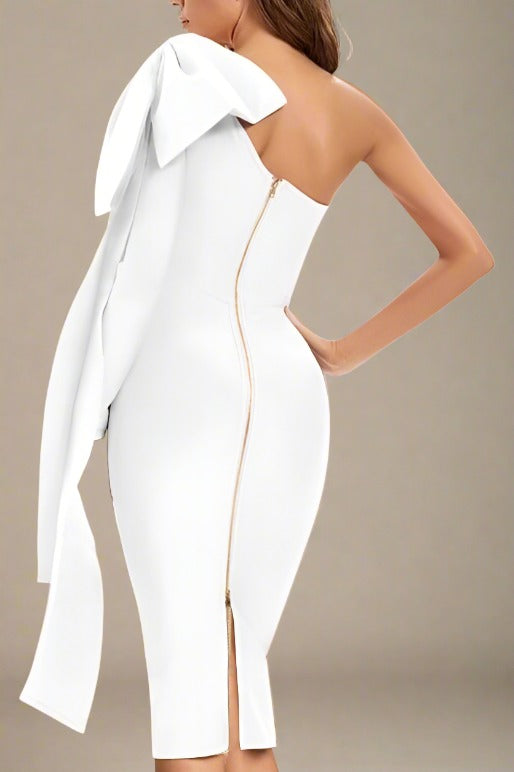 Woman wearing a figure flattering Lela Long Sleeve Bandage Midi Dress - Pearl White BODYCON COLLECTION