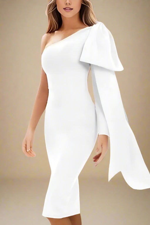 Woman wearing a figure flattering  Lela Long Sleeve Bandage Midi Dress - Pearl White BODYCON COLLECTION