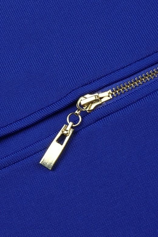 Woman wearing a figure flattering Lela Long Sleeve Bandage Midi Dress - Royal Blue BODYCON COLLECTION