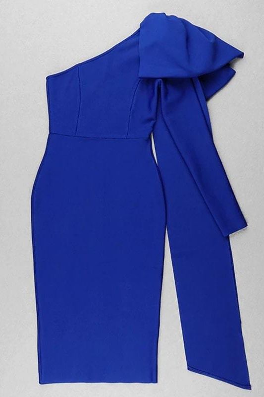 Woman wearing a figure flattering Lela Long Sleeve Bandage Midi Dress - Royal Blue BODYCON COLLECTION