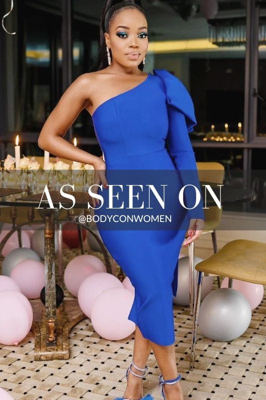 Woman wearing a figure flattering Lela Long Sleeve Bandage Midi Dress - Royal Blue BODYCON COLLECTION