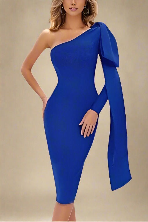 Royal Blue One Sleeve Lela Bandage Midi Dress Womens Bodycon Dresses