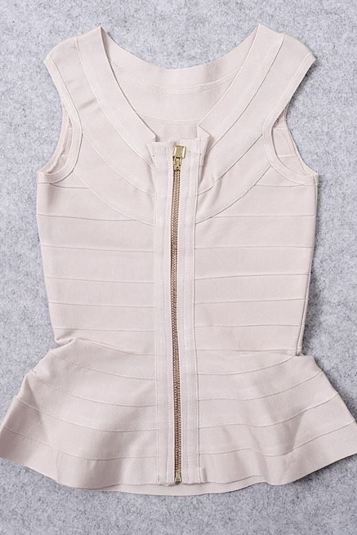 Woman wearing a figure flattering Leni Bandage Peplum Top - Beige BODYCON COLLECTION