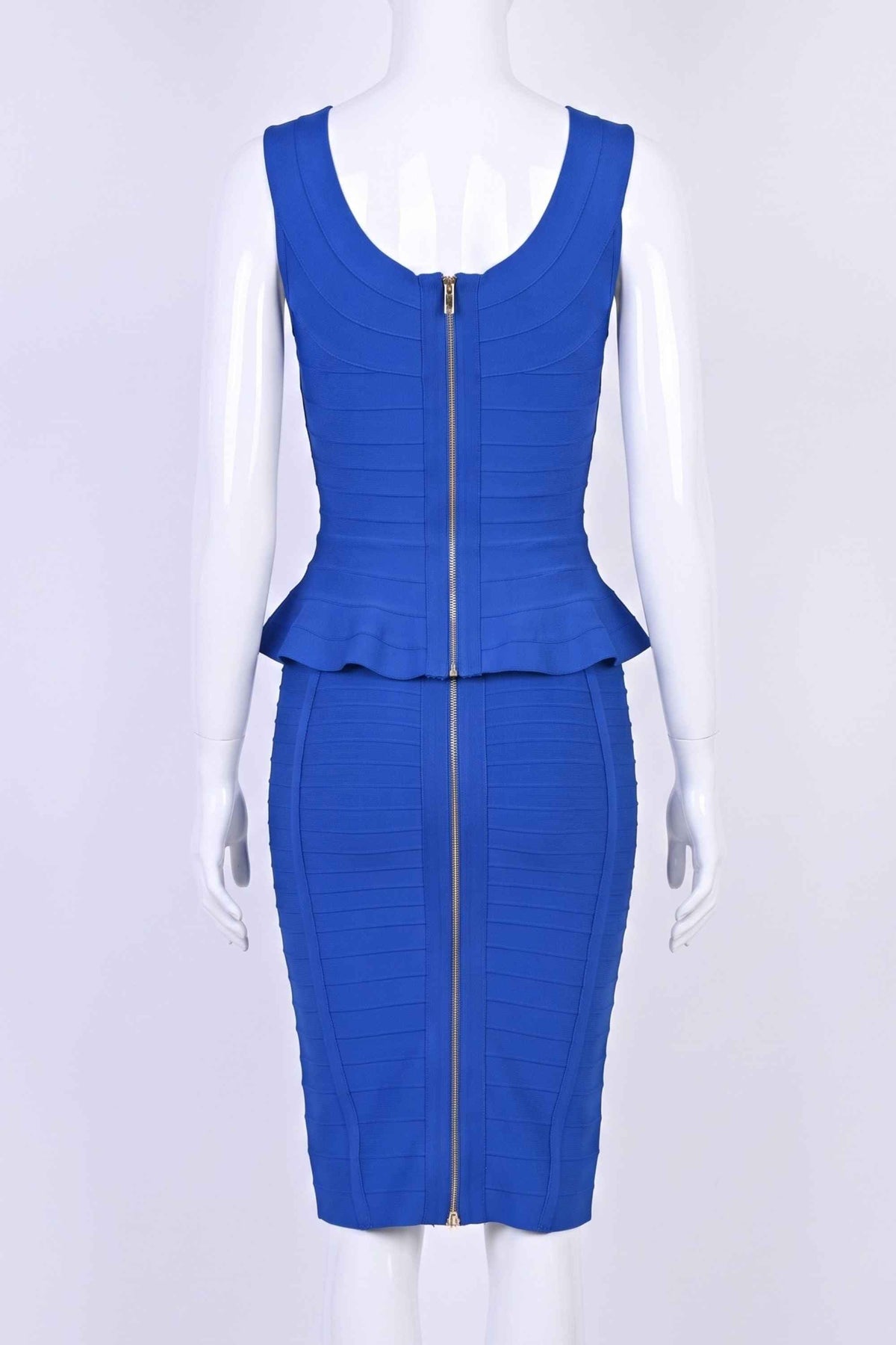 Woman wearing a figure flattering Leni Bandage Top and Knee Length Skirt Set - Royal Blue BODYCON COLLECTION