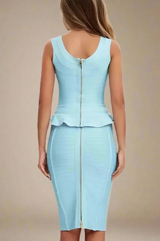 Woman wearing a figure flattering  Leni Bandage Top and Pencil Skirt Set - Sky Blue BODYCON COLLECTION