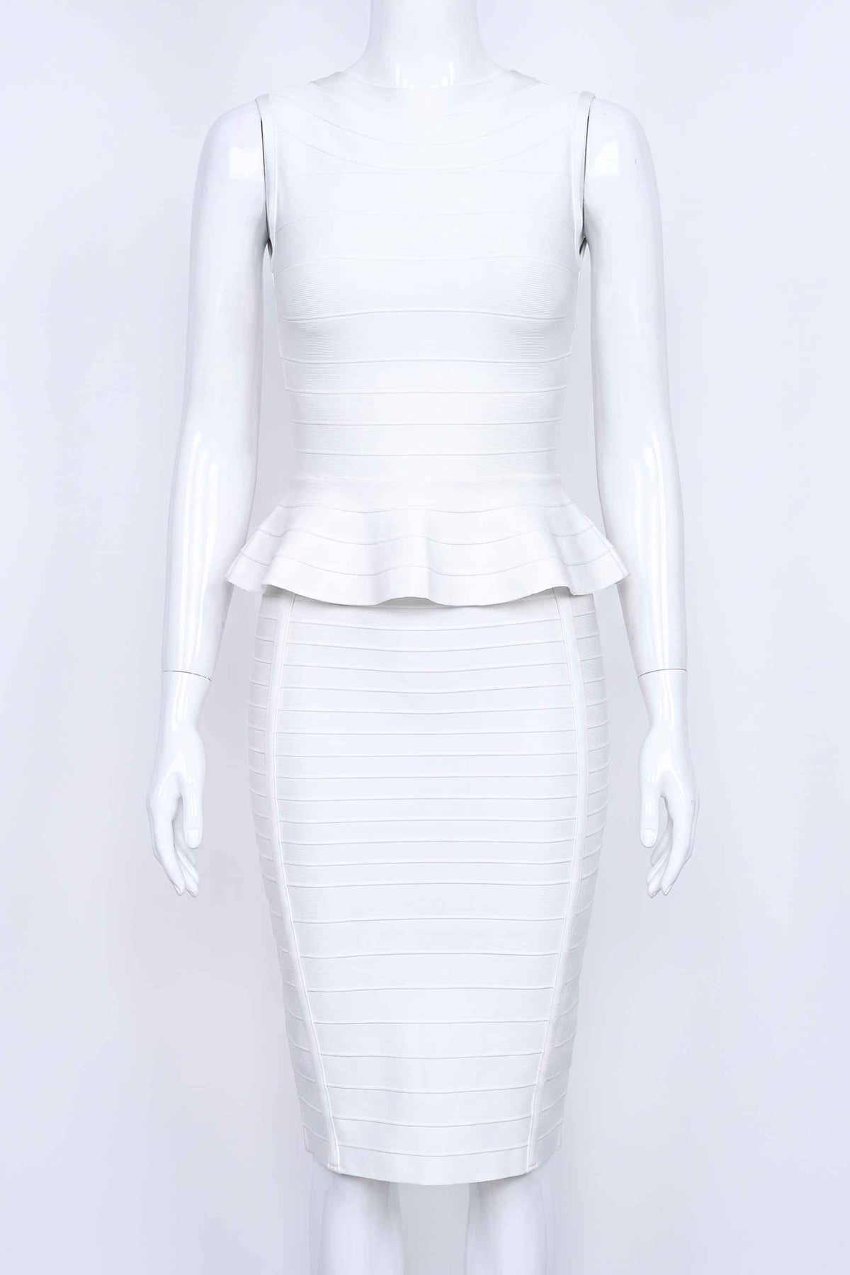 Woman wearing a figure flattering Leni Bandage Top - Pearl White BODYCON COLLECTION