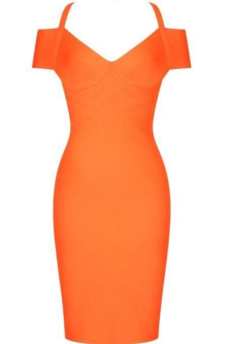 Woman wearing a figure flattering  Leo Bandage Midi Dress - Apricot Orange Bodycon Collection