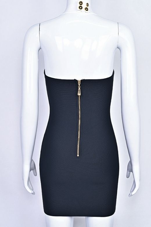 Woman wearing a figure flattering Leone Bandage Mini Dress - Classic Black BODYCON COLLECTION Pty Ltd