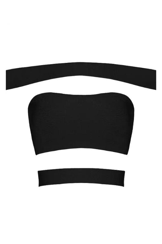 Woman wearing a figure flattering  Lexia Bandage Crop Top - Classic Black BODYCON COLLECTION