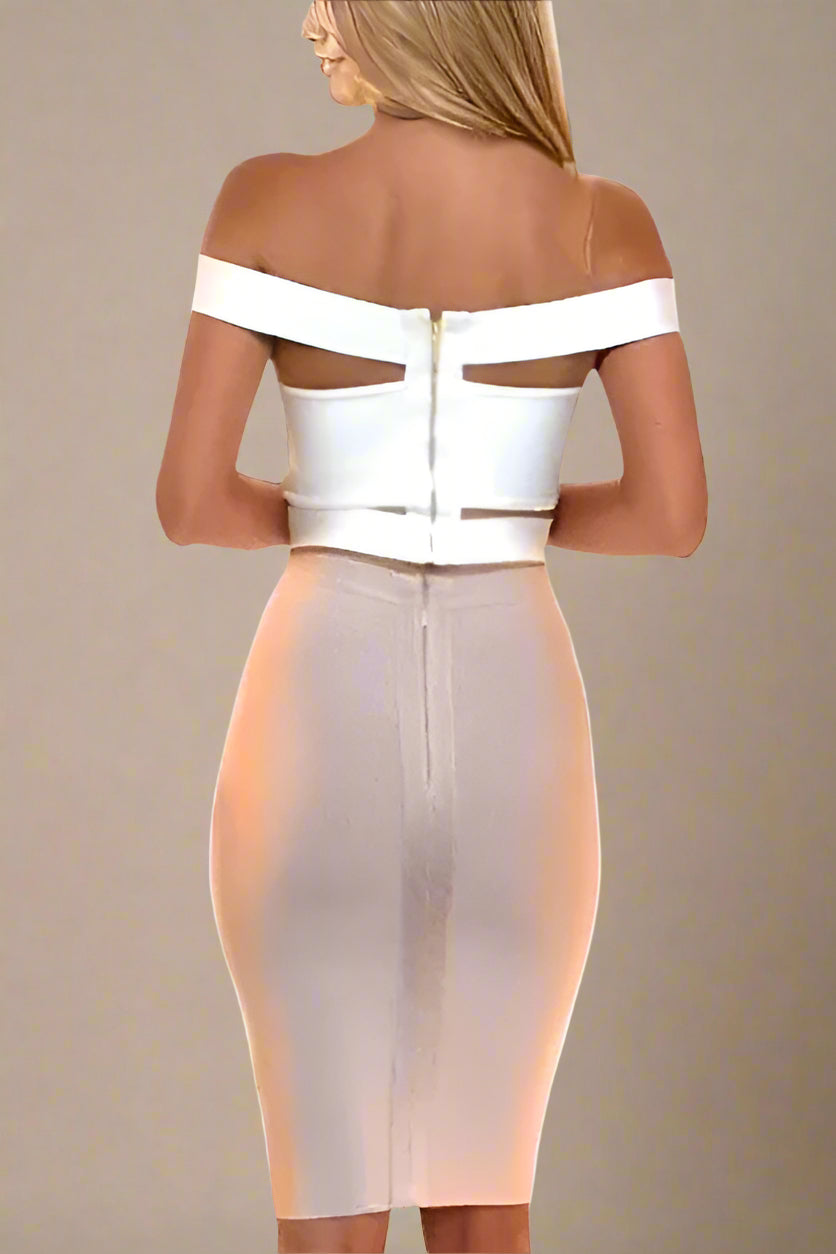 Woman wearing a figure flattering Lexia Bandage Crop Top - Pearl White BODYCON COLLECTION