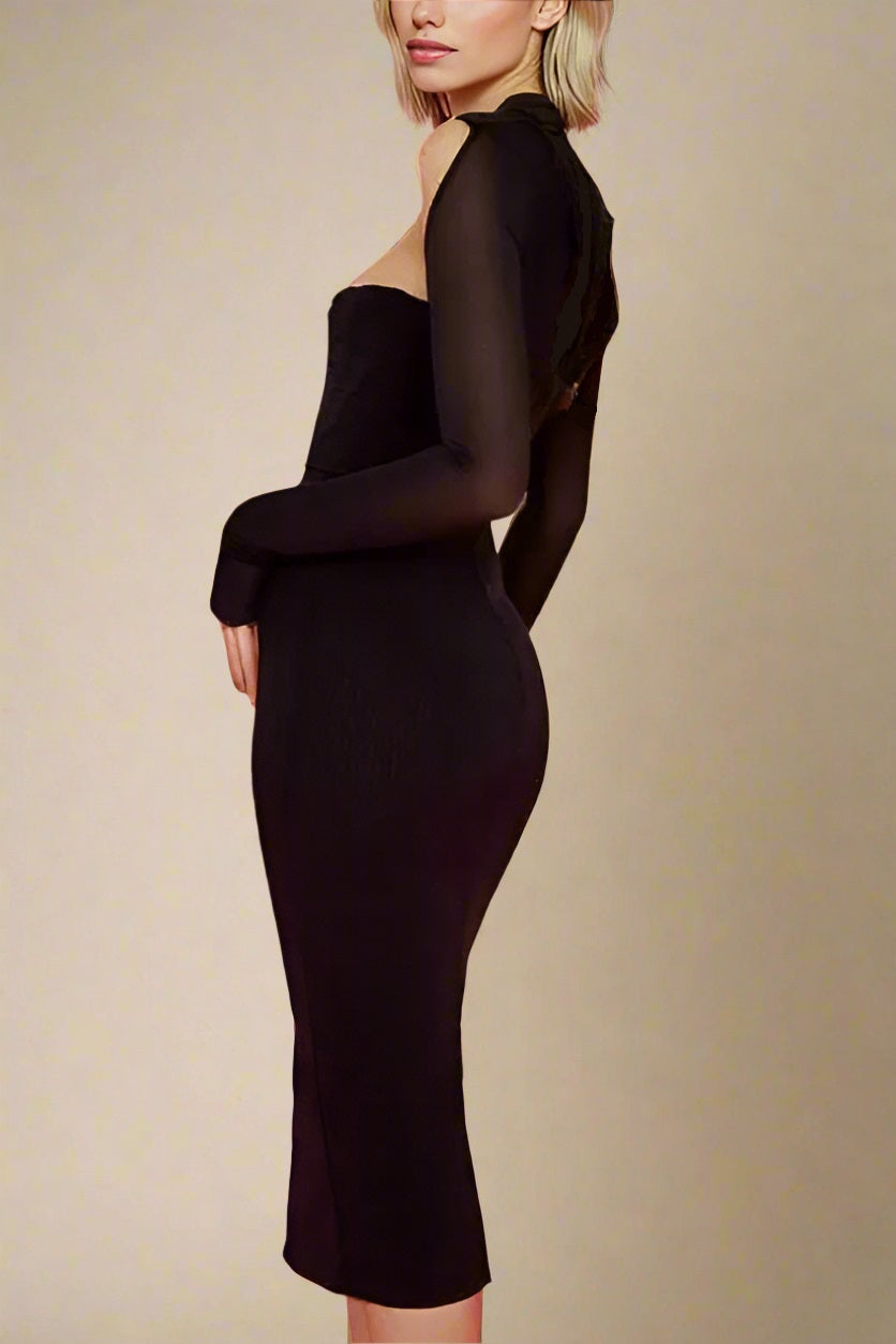 Woman wearing a figure flattering Lillian Bodycon Midi Dress - Classic Black BODYCON COLLECTION