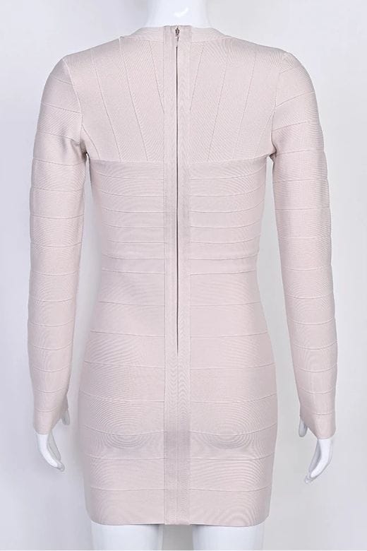 Woman wearing a figure flattering Lisa Long Sleeve Bandage Mini Dress - Cream BODYCON COLLECTION Pty Ltd