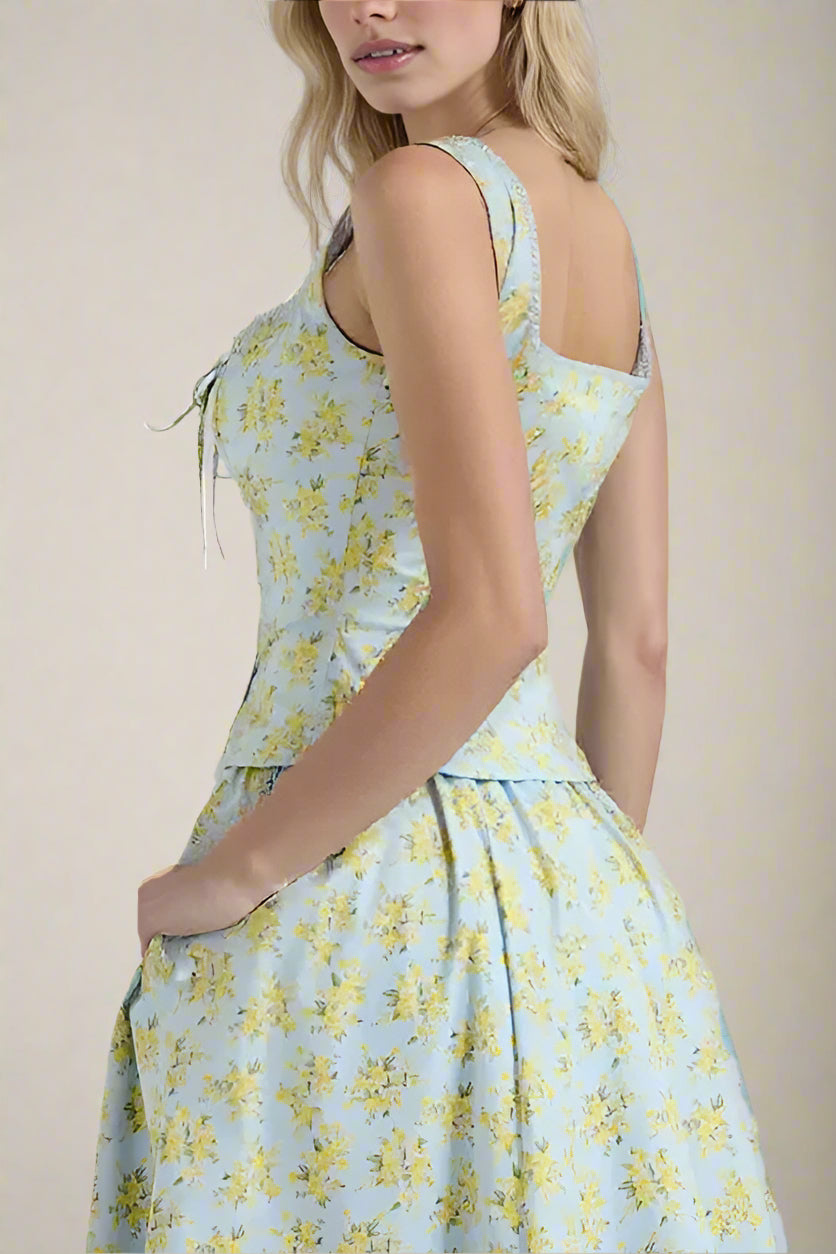 Woman wearing a figure flattering Livia Top and Midi Skirt Set - Sky Blue BODYCON COLLECTION Pty Ltd