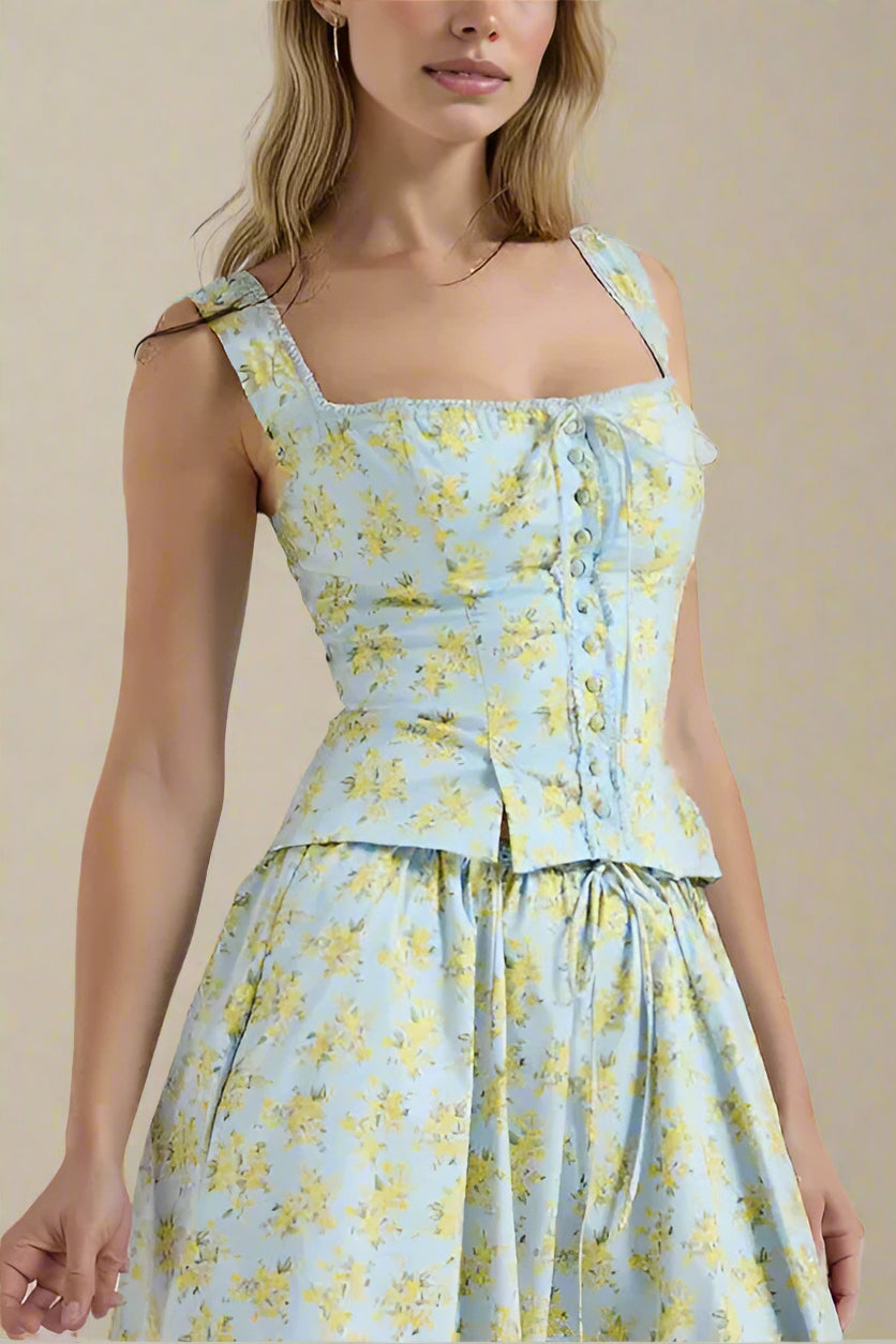 Woman wearing a figure flattering Livia Top and Midi Skirt Set - Sky Blue BODYCON COLLECTION Pty Ltd
