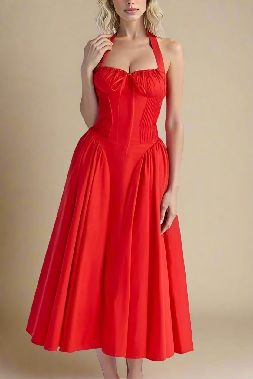 Woman wearing a figure flattering Lynsie Bodycon Midi Dress - Lipstick Red BODYCON COLLECTION
