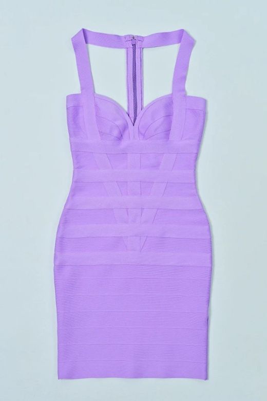 Woman wearing a figure flattering Madison Bandage Mini Dress - Violet Purple BODYCON COLLECTION Pty Ltd