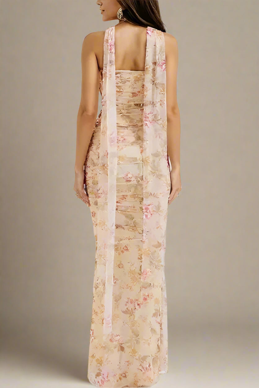 Woman wearing a figure flattering Margot Wrap Top and Maxi Skirt Outfit Set - Cream Yellow BODYCON COLLECTION