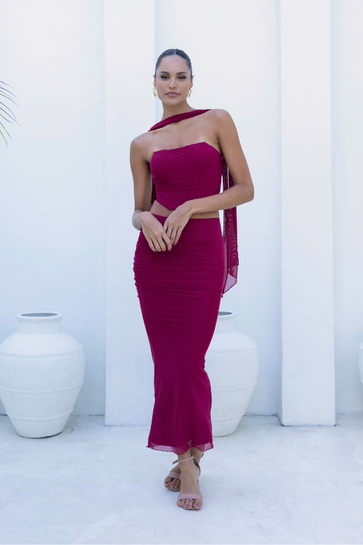 Wine Embroidered Top Skirt Set