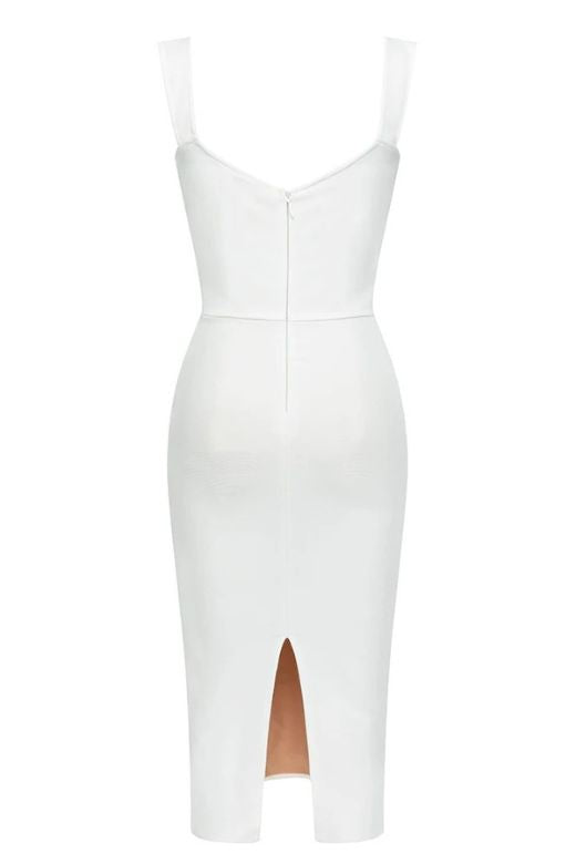 Woman wearing a figure flattering Marilyn Bodycon Wrap Midi Dress - Pearl White BODYCON COLLECTION