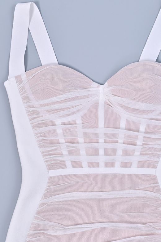 Woman wearing a figure flattering Marilyn Bodycon Wrap Midi Dress - Pearl White BODYCON COLLECTION