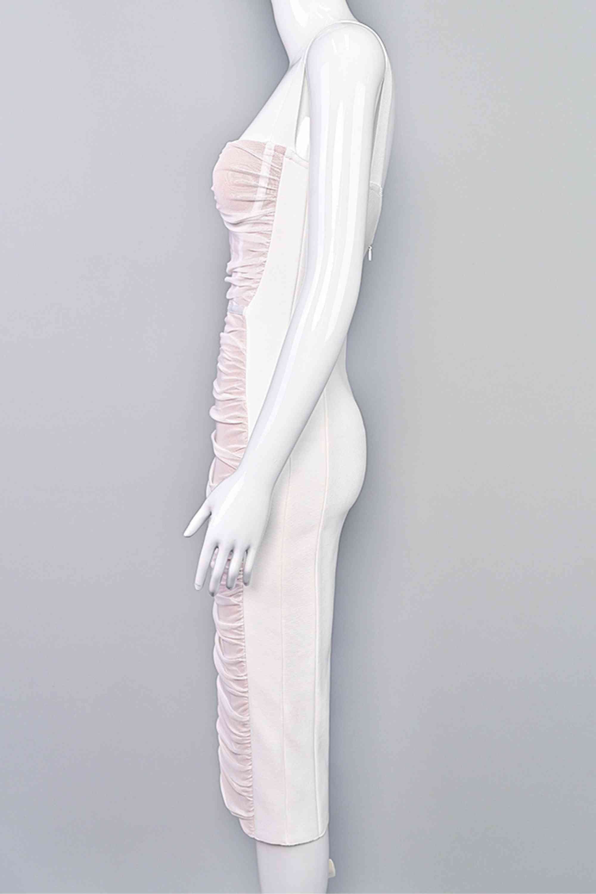 Woman wearing a figure flattering Marilyn Bodycon Wrap Midi Dress - Pearl White BODYCON COLLECTION