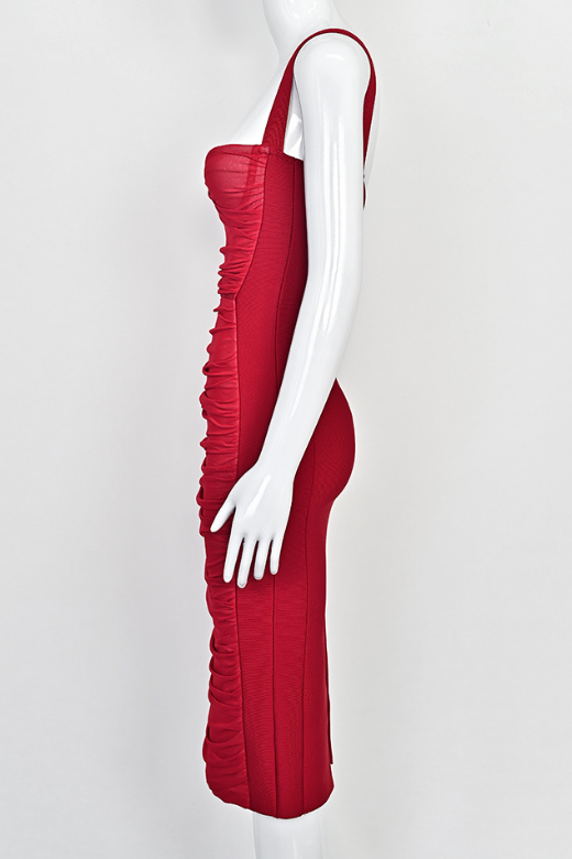 Woman wearing a figure flattering Marilyn Bodycon Wrap Midi Dress - Red Wine BODYCON COLLECTION