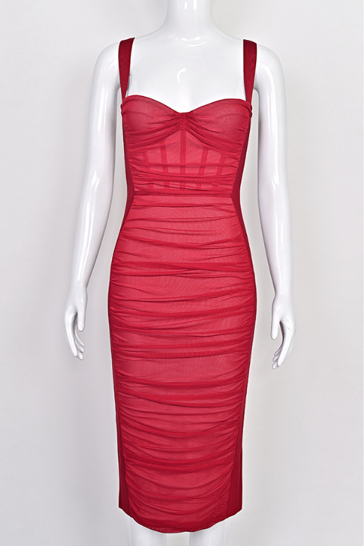 Woman wearing a figure flattering Marilyn Bodycon Wrap Midi Dress - Red Wine BODYCON COLLECTION
