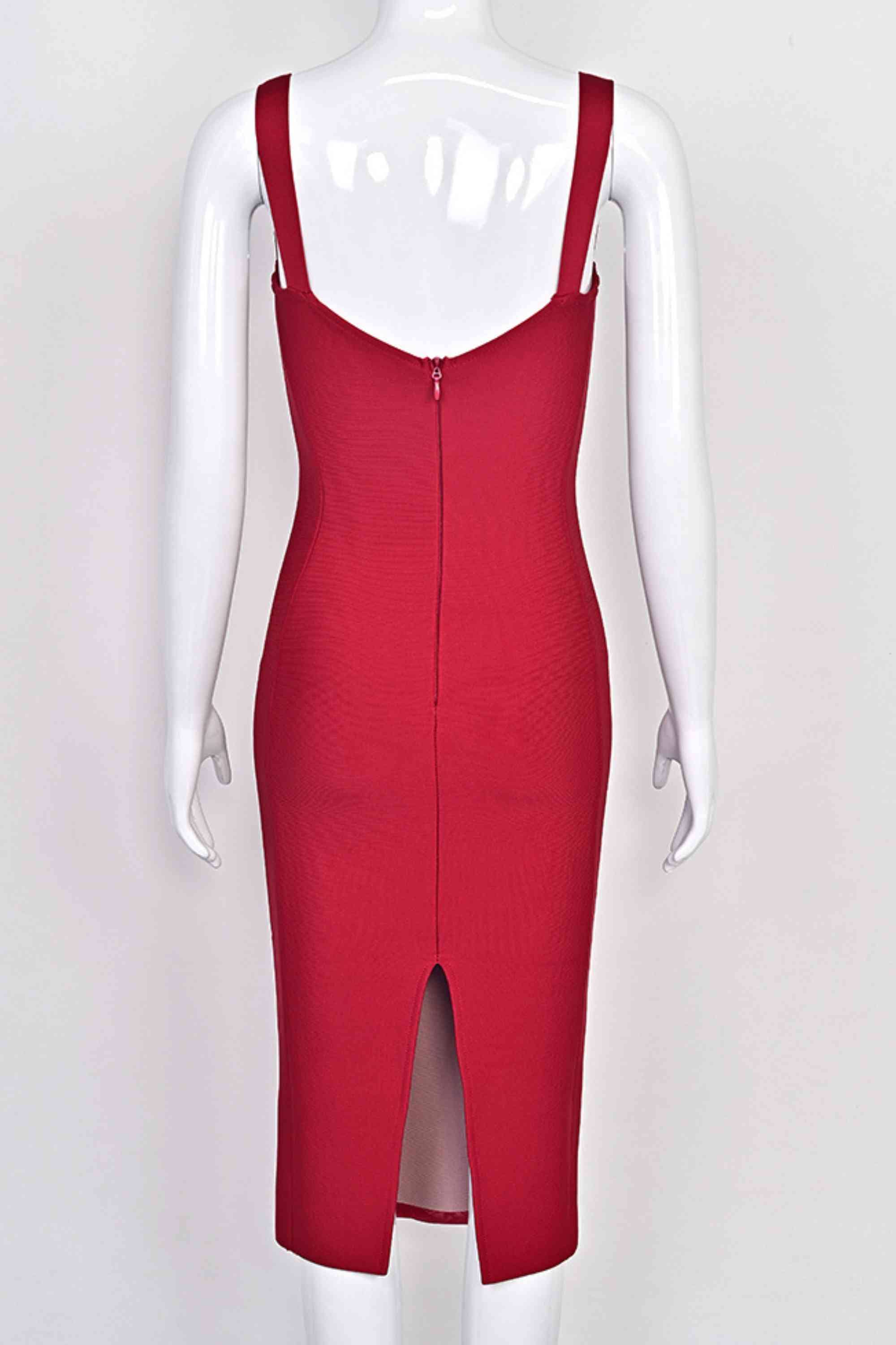 Woman wearing a figure flattering Marilyn Bodycon Wrap Midi Dress - Red Wine BODYCON COLLECTION