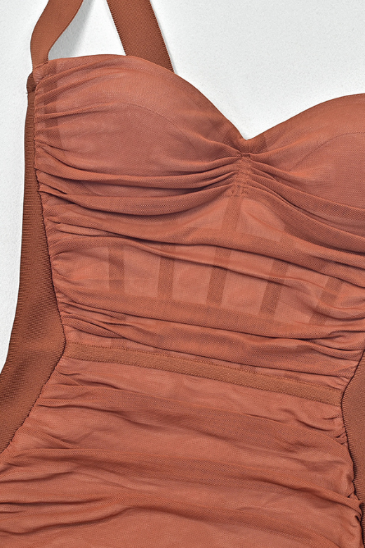 Woman wearing a figure flattering Marilyn Bodycon Wrap Midi Dress - Rustic Brown BODYCON COLLECTION