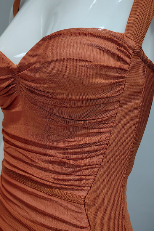 Woman wearing a figure flattering Marilyn Bodycon Wrap Midi Dress - Rustic Brown BODYCON COLLECTION