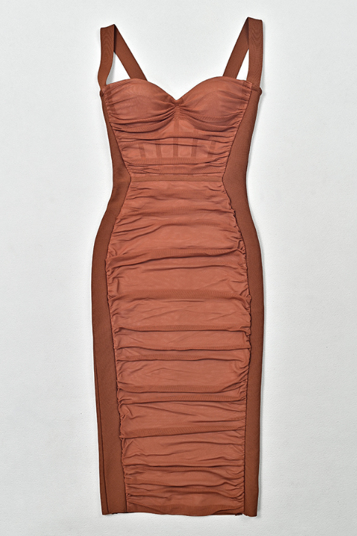 Woman wearing a figure flattering Marilyn Bodycon Wrap Midi Dress - Rustic Brown BODYCON COLLECTION