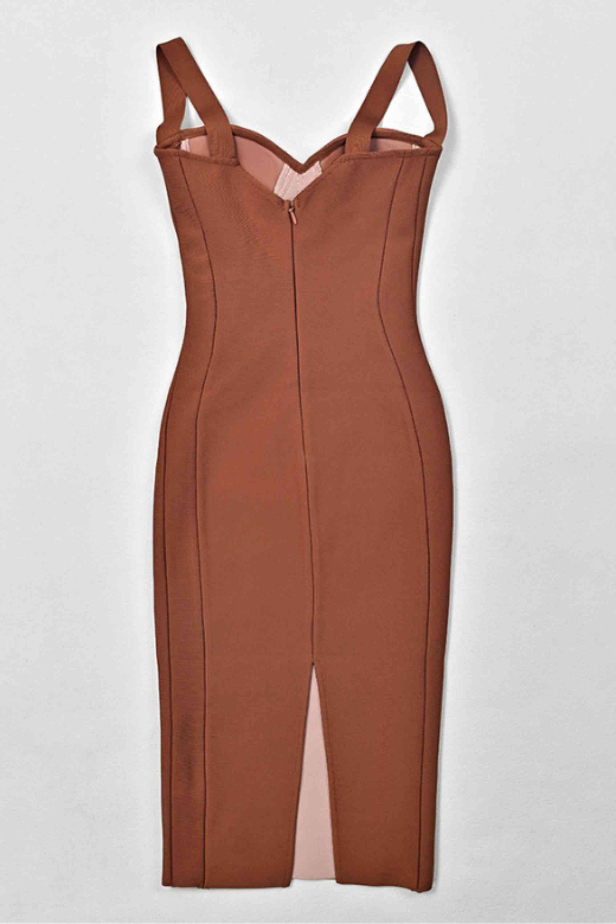 Woman wearing a figure flattering Marilyn Bodycon Wrap Midi Dress - Rustic Brown BODYCON COLLECTION