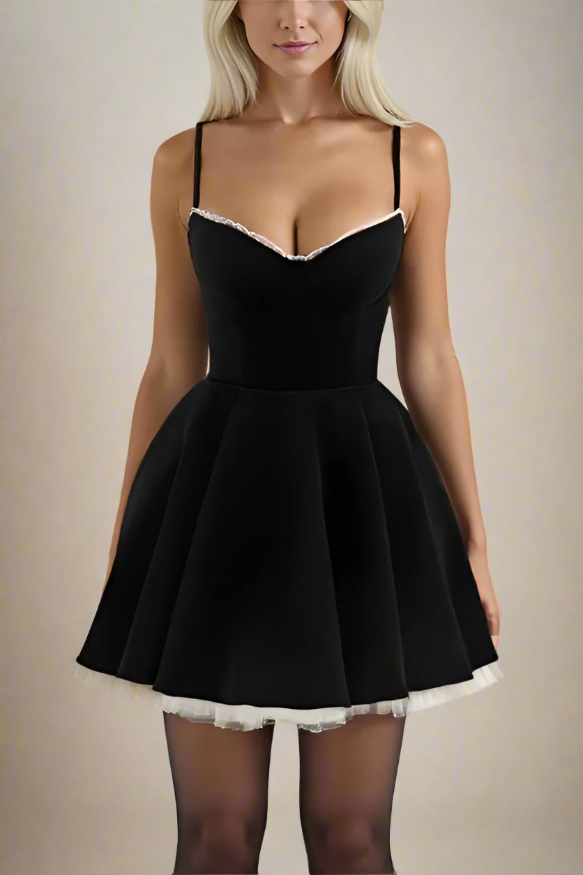 Woman wearing a figure flattering Mavis Bodycon Mini Dress - Velvet Black BODYCON COLLECTION