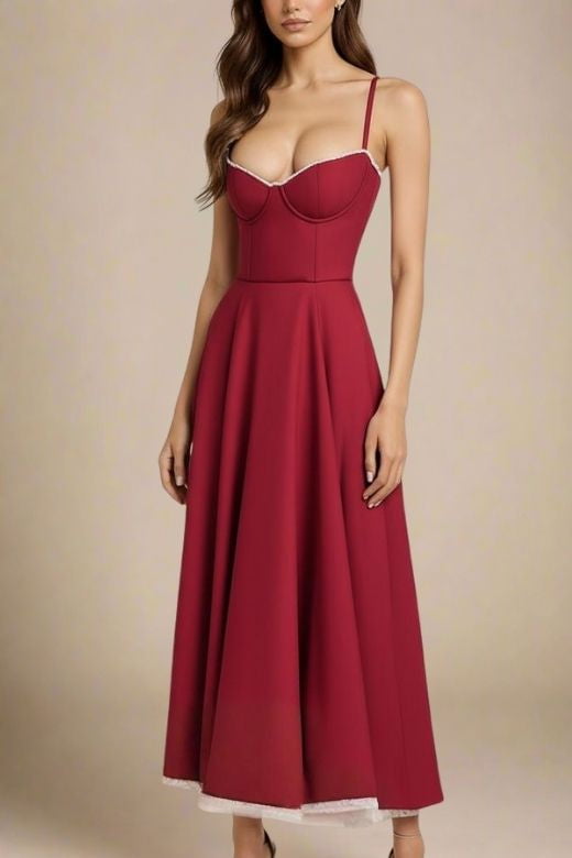 Woman wearing a figure flattering Mavis Midi Dress - Berry Red BODYCON COLLECTION