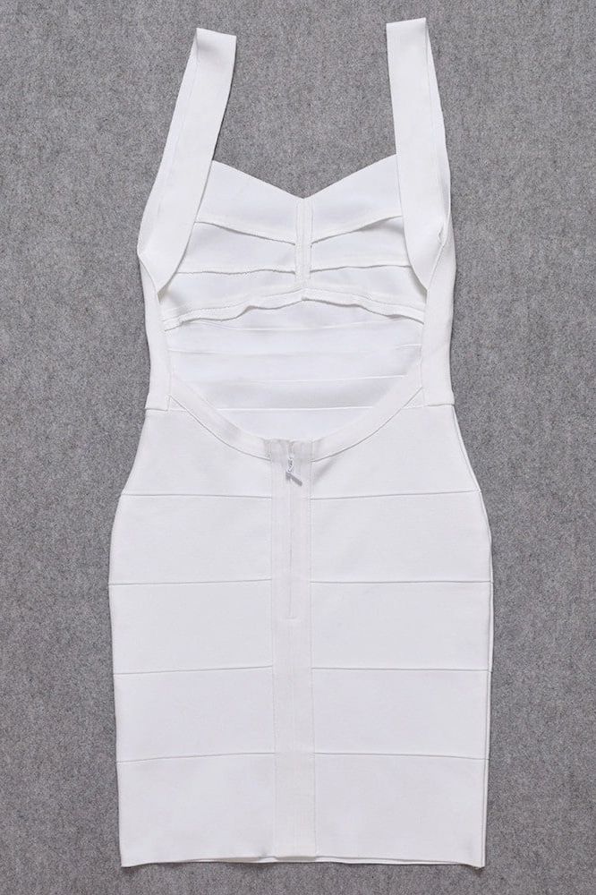 Woman wearing a figure flattering Maya Bandage Mini Dress - Pearl White BODYCON COLLECTION