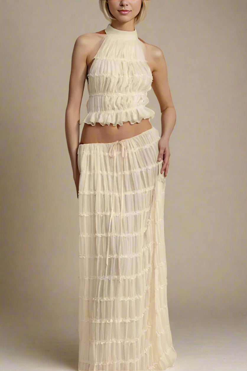 Woman wearing a figure flattering Meryl Wrap Top and Maxi Skirt Set - Cream BODYCON COLLECTION
