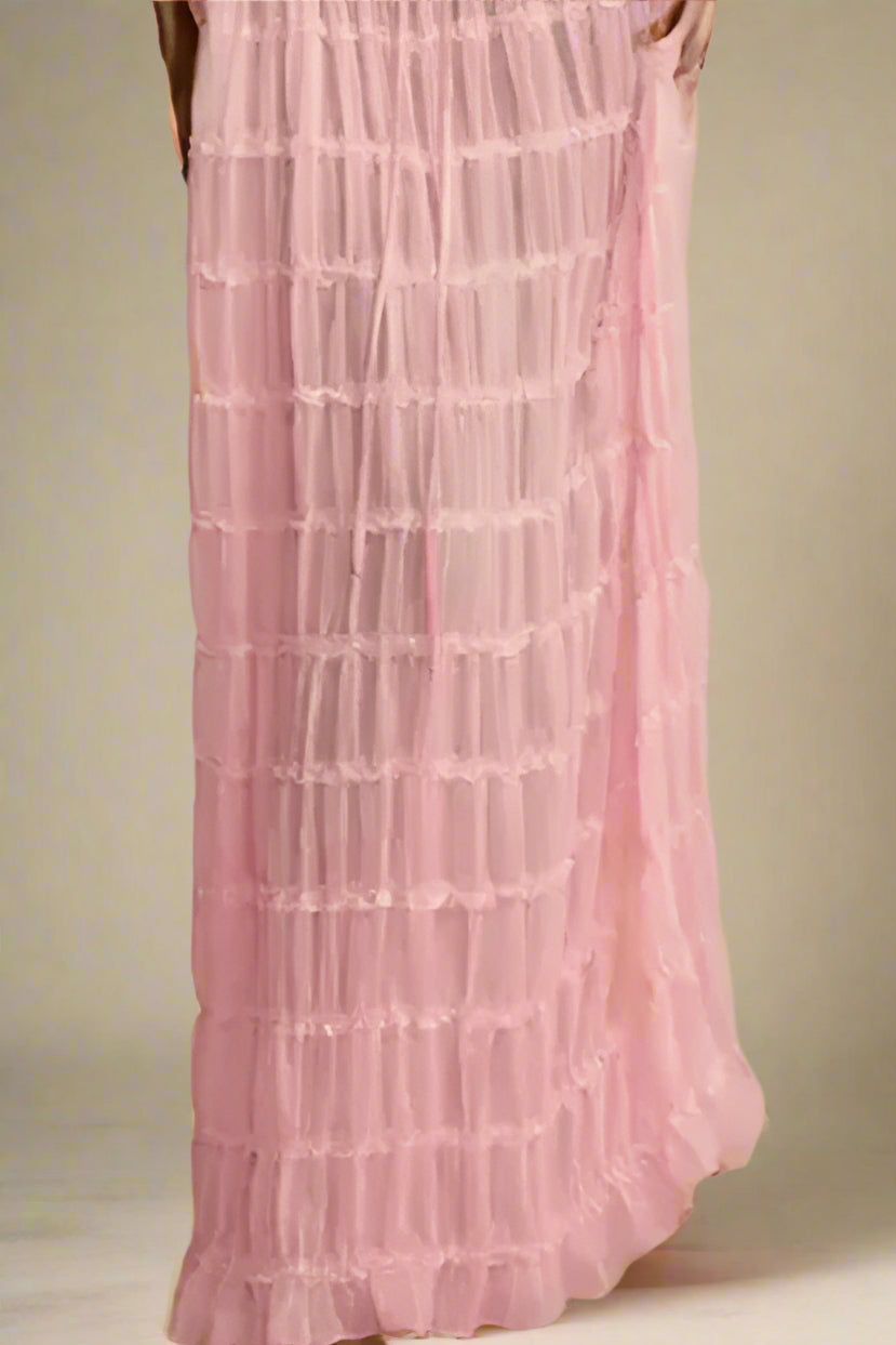 Woman wearing a figure flattering  Meryl Wrap Top and Maxi Skirt Set - Pink Fuzz BODYCON COLLECTION