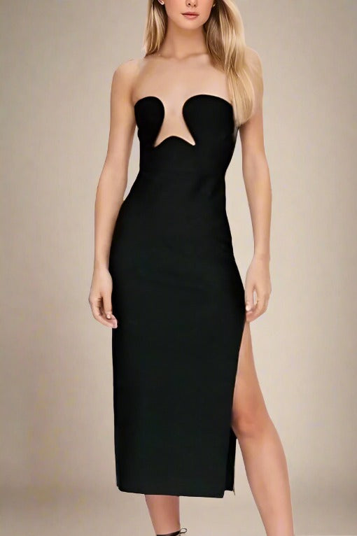 Woman wearing a figure flattering  Mika Bodycon Midi Dress - Classic Black BODYCON COLLECTION