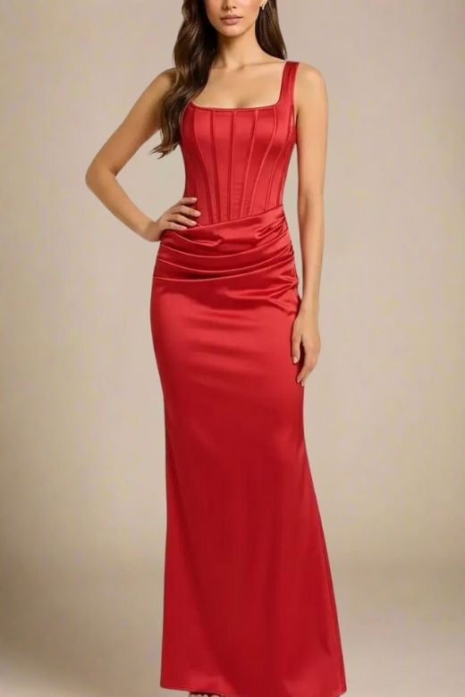 Woman wearing a figure flattering Mila Bodycon Wrap Maxi Dress - Lipstick Red BODYCON COLLECTION Pty Ltd
