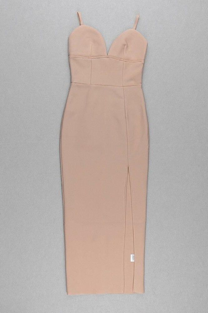 Woman wearing a figure flattering Milan Bandage Midi Dress - Nude BODYCON COLLECTION