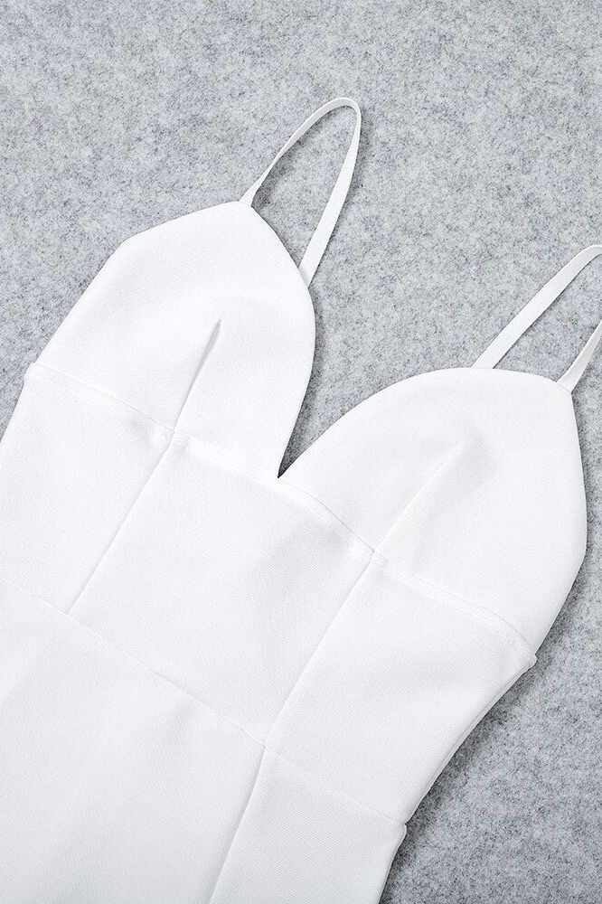 Woman wearing a figure flattering Milan Bandage Midi Dress - Pearl White BODYCON COLLECTION