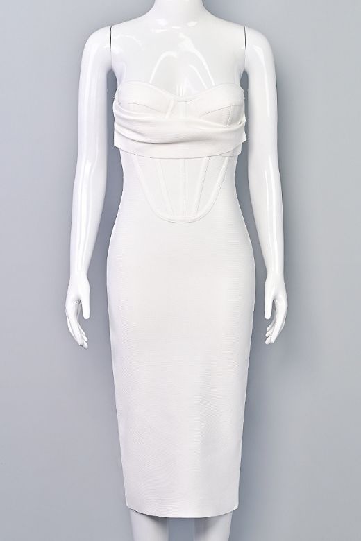 Woman wearing a figure flattering Miles Bodycon Midi Dress - Pearl White BODYCON COLLECTION