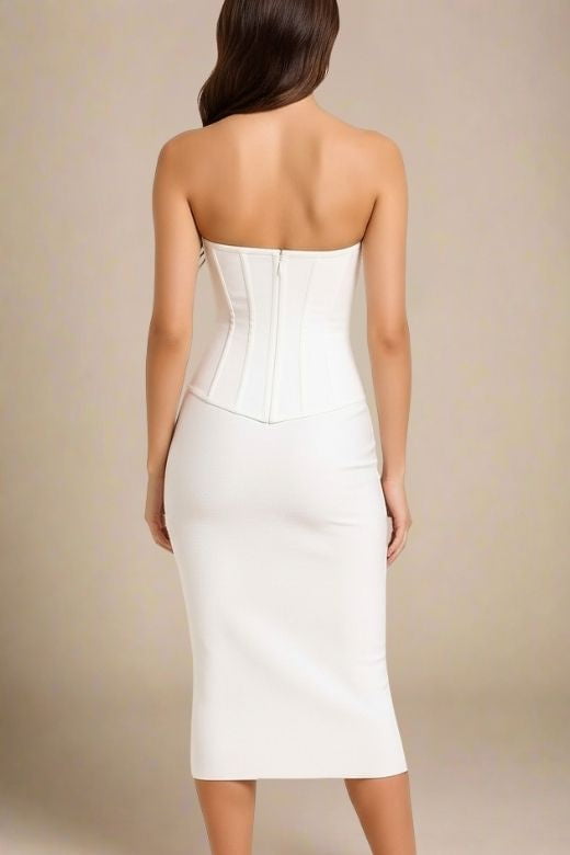 Woman wearing a figure flattering Miles Bodycon Midi Dress - Pearl White BODYCON COLLECTION