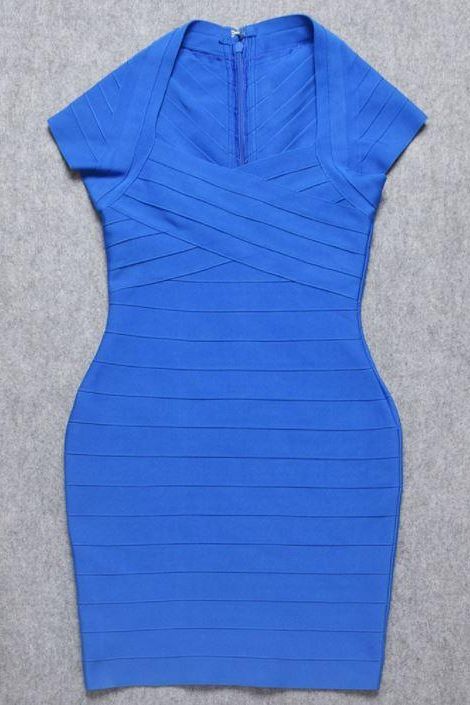 Woman wearing a figure flattering Miranda Bandage Mini Dress - Royal Blue Bodycon Collection