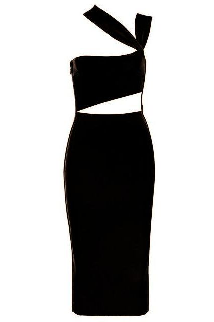Woman wearing a figure flattering  Molly Bandage Midi Dress - Classic Black BODYCON COLLECTION