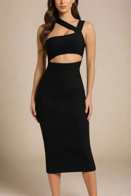 Woman wearing a figure flattering Molly Bandage Midi Dress - Classic Black BODYCON COLLECTION